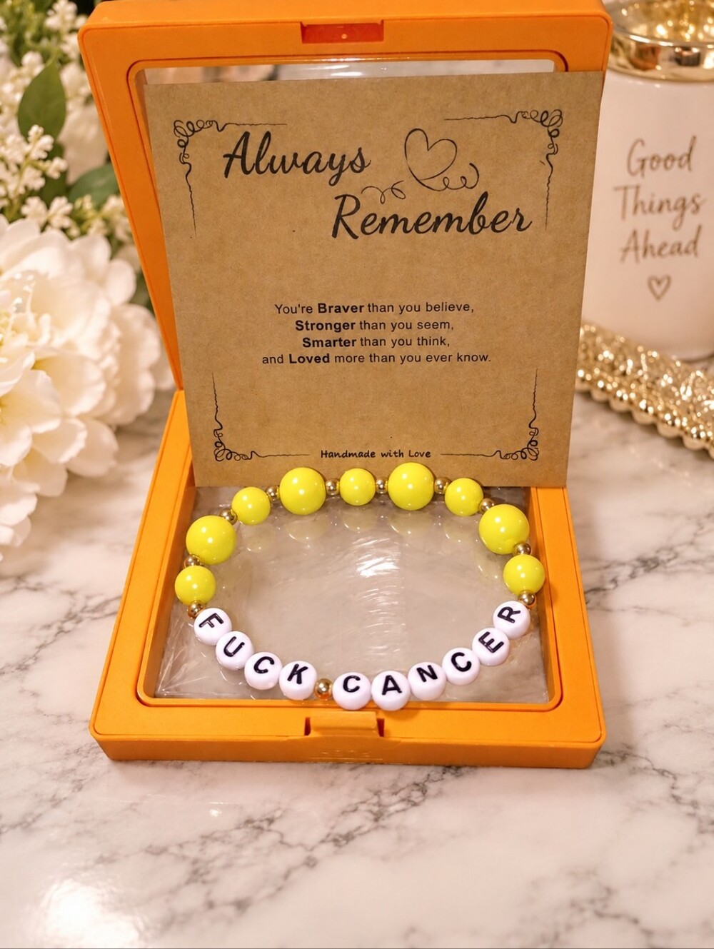 F*CK CANCER 💛 Yellow Beaded Bracelet | Inspirational Gift Boxed